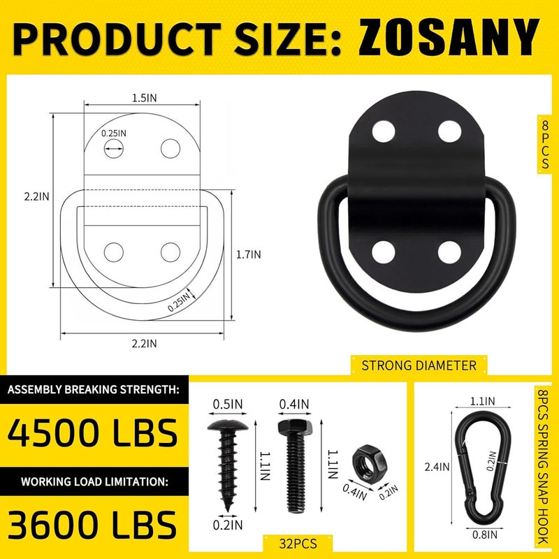 ZOSANY 8PCS Heavy Duty D Ring Tie Down Anchor Hooks, Large D Ring Tie Down Anchor 3600LBS Breaking Strength with Carabiner, Tie Down Anchor with Bolts Screws for Trailer Truck Boats Camper Pickup ATV - Image 2